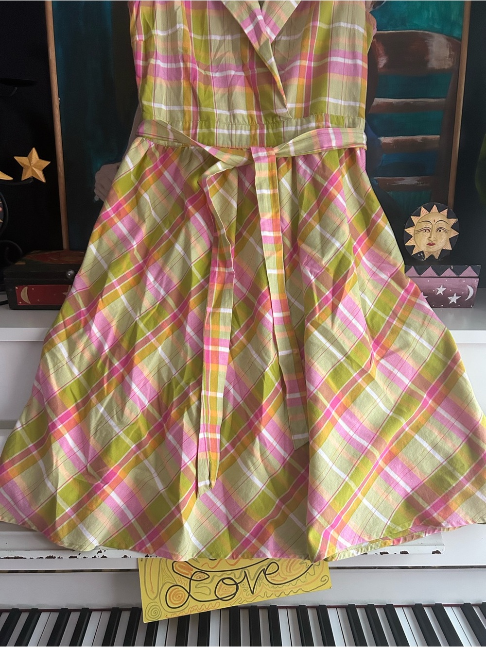 Pure Alfred Sung Plaid Wrap Midi Dress Belted Pink Green Sleeveless Women M - Picture 15 of 16